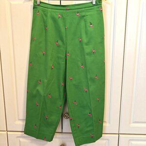 Briggs Casual Green/Pink Embroidered Flamingo Capris, Size 12